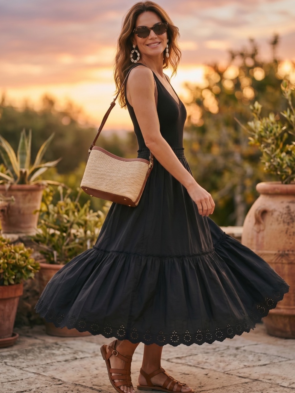 Tahari mixed media black midi/ maxi dress